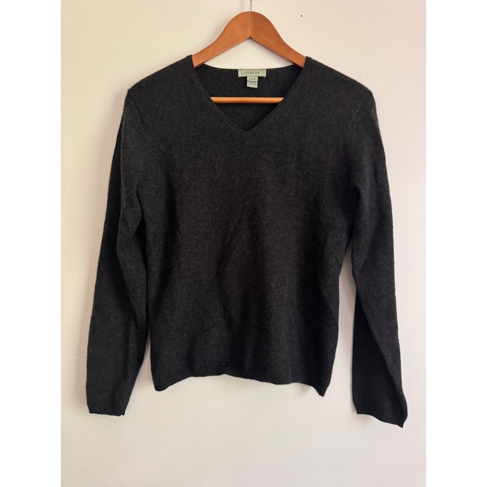 Geneva Womens 100% Cashmere V-Neck Sweater Charcoal Gray Petite Medium PM